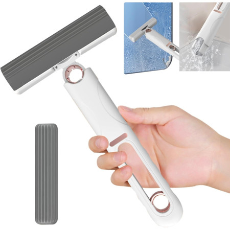 Mop de mana Cyrax, mini-portabil, cu sistem de stoarcere, dispozitiv de curatat manual, cu burete absorbant, material PVA, multisuprafete si geamuri, 29.5 x 15.5 cm, alb