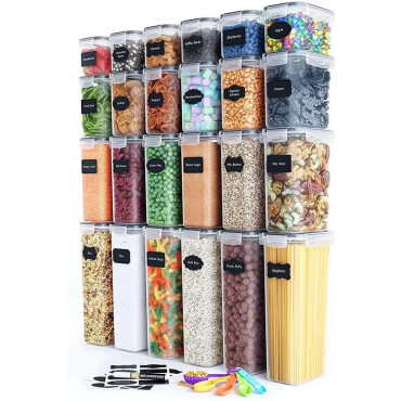 Cutii de depozitare alimente, Cyrax, Set din 24 Cutii pentru Condimente, Cereale, Cutii pentru Bucatarie, din Plastic PP, Cutii Alimentare, Diferite Dimensiuni, Transparente