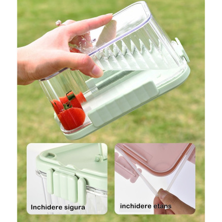 Caserola portabila pentru mancare fresh Cyrax, 1500 ml, 2 furculite,10 x 13.5 x 20 cm, 2 capace detasabile pentru congelator, etans, spatiu pentru tacamuri, maner, material plastic, rezistent la temperaturi ridicate, transparent