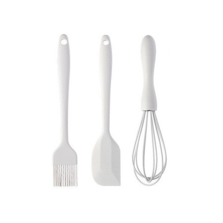 Set 3 Ustensile de Bucatarie, Cyrax, din Silicon+Inox, Termorezistente, Antiaderente, 20 x 13 x 3 cm, Alb Ivory