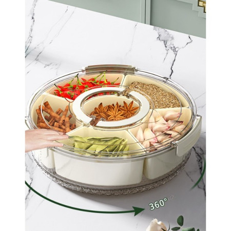 Cutie de Depozitare pentru Alimente, Cyrax, cu 6 Compartimente, pentru Condimente, Fructe, Legume, cu Manere de Prindere, Rotativa 360 de Grade, Inchidere Ermetica, 32x10 cm, Alba