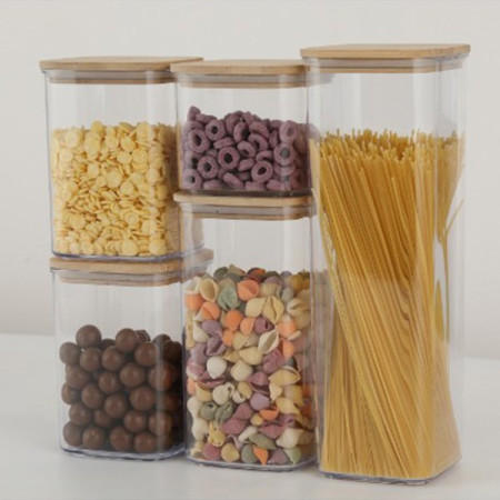 Cutii de Depozitare Alimente, Cyrax, Set din 5 Cutii de tip Container, Cutii pentru Cereale, din Plastic, Capac din Bambuc, 1pc 0.5 l. 2pc 0.8 l, 2pc 1.2 l, 1pc 1.9 l,  Transparente