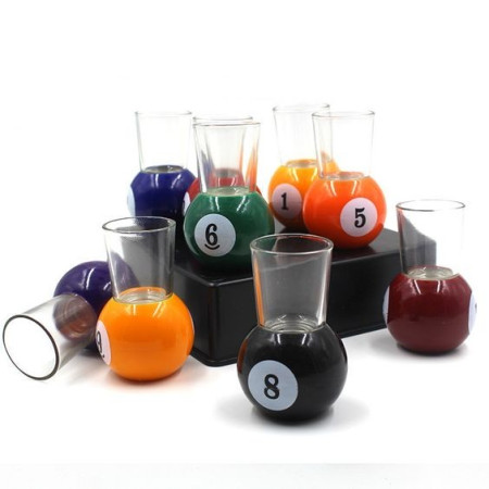 Set 9 pahare de shot Cyrax, cu suport tip bila de biliard, detasabil, 30 ml, din sticla, 17 x 17 x 10 cm, multicolor