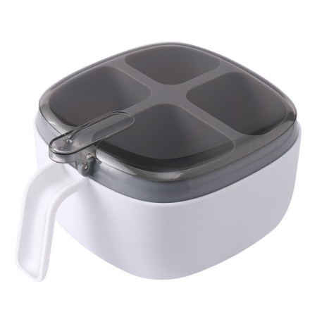 Recipient pentru condimente Cyrax, 4 casute, potrivit pentru sare, cimbru, piper, condimente, 4 lingurite din plastic, capac din plastic, maner, 14x14x8 cm, alb