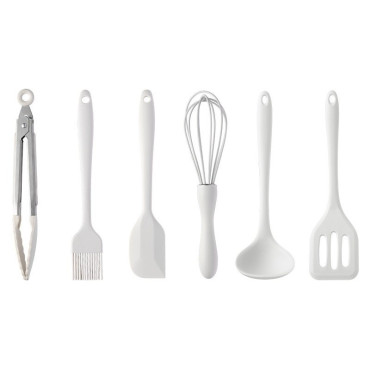 Set 6 Ustensile de Bucatarie, Cyrax, din Silicon+Inox, Termorezistente, Antiaderente, 23 x 13 x 3 cm, Alb Ivory