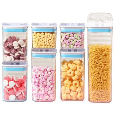 Cutii de Depozitare Alimente, Cyrax, Set din 7 Cutii de tip Container, 2x0.5 l, 2x0.8 l, 2x1.2 l, 1x1.9 l, Recipiente pentru Cereale in Bucatarie,  Transparente cu Capac Albastru-Alb