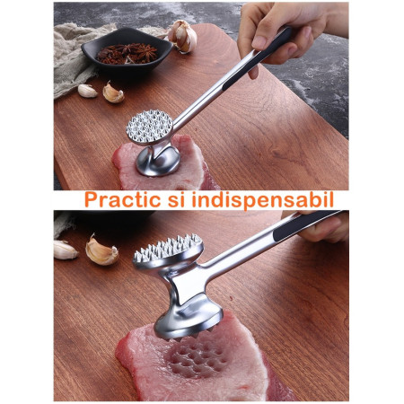 Ciocan pentru snitele si carne Cyrax, din aliaj de zinc, maner antialunecare, doua capete, 22 cm, argintiu