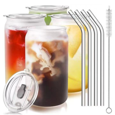 Set 4 Pahare din Sticla, Cyrax, Capace din Plastic si Paie Incluse, 500 mL, Transparente