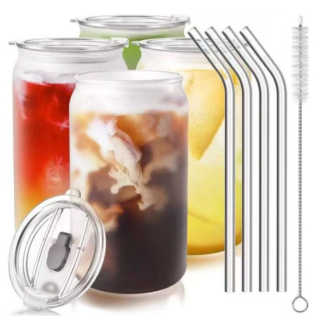 Set 4 Pahare din Sticla, Cyrax, Capace din Plastic si Paie Incluse, 500 mL, Transparente