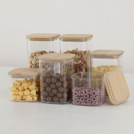 Cutii de Depozitare Alimente, Cyrax, Set din 6 Cutii de tip Container, Cutii pentru Cereale, din Plastic, Capac din Bambuc, 2pc 0.5 l. 2pc 0.8 l, 2pc 1.2 l, Transparente