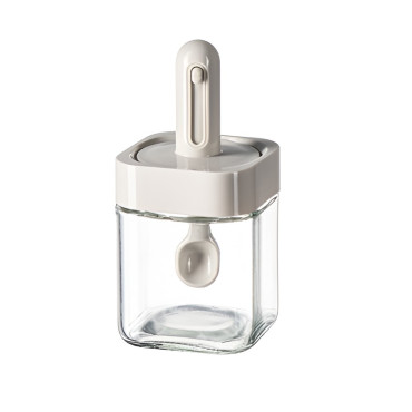 Recipient pentru Depozitarea Condimentelor, Cyrax, Borcan din Sticla, Capac si Lingura Incorporate, Uz Casnic, 300 ml, 7.1x7.1x14.8 cm, Gri