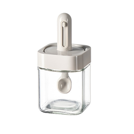 Recipient pentru Depozitarea Condimentelor, Cyrax, Borcan din Sticla, Capac si Lingura Incorporate, Uz Casnic, 300 ml, 7.1x7.1x14.8 cm, Gri