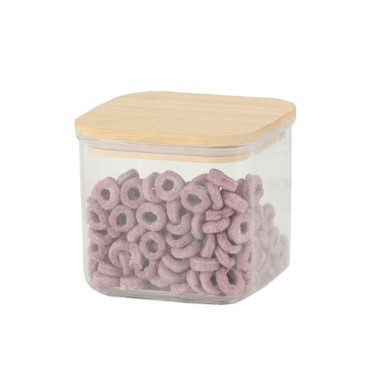 Cutie de Depozitare Alimente, Cyrax, Cutie de tip Container, Cutie pentru Cereale, din Plastic, Capac din Bambuc, 10 x 10 x 8 cm, Volum 0.5 L, Transparenta