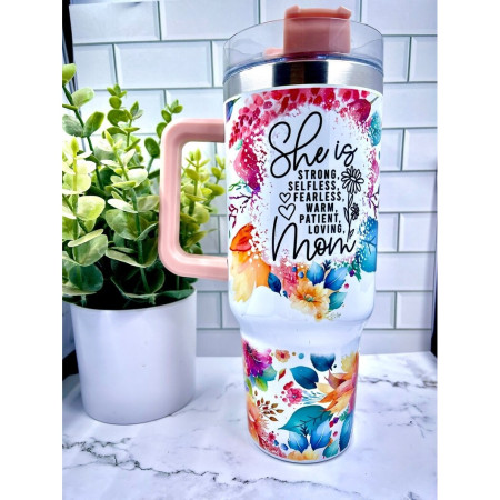 Cana Termos din Plastic, Cyrax, pentru Bauturi Calde si Reci, cu Maner, Imprimeu Floral, cu Mesaj pentru Mama, Alb, 10x7.6x27.5 cm