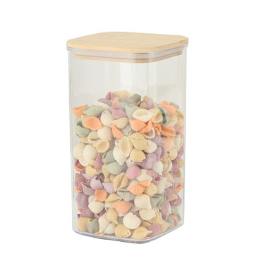 Cutie de Depozitare Alimente, Cyrax, Cutie de tip Container, Cutie pentru Cereale, din Plastic, Capac din Bambuc, 10 x 10 x 19 cm, Volum 1.2l, Transparent