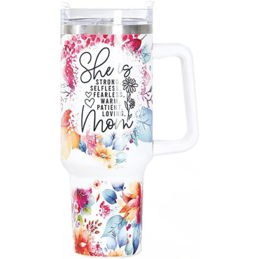 Cana Termos din Plastic, Cyrax, pentru Bauturi Calde si Reci, cu Maner, Imprimeu Floral, cu Mesaj pentru Mama, Alb, 10x7.6x27.5 cm