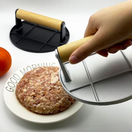 Presa Manuala pentru Carne, Cyrax, din Aliaj de Aluminiu, Maner din Lemn, Presa pentru Burgeri, Usor de Curatat si Folosit, Rotunda, 16x16x6 cm, Gri