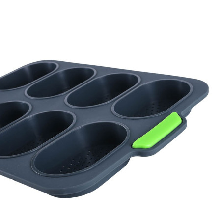 Forme de Silicon pentru Copt, Cyrax, 8 Forme Ovale, pentru Paine si Prajituri, 34.5 x 23.8 x 2.5 cm, Negru/Verde