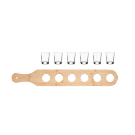 Set 6 Pahare Shot din Sticla Cyrax, cu Suport din Lemn, Design Rustic, 49.5 x 7 x 6.5 cm, Maro