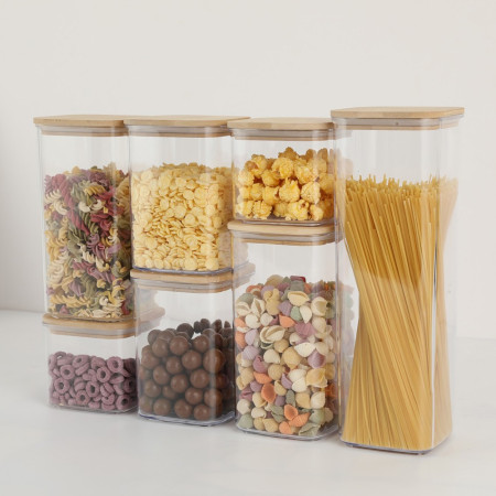 Cutii de Depozitare Alimente, Cyrax, Set din 7 Cutii de tip Container, Cutii pentru Cereale, din Plastic, Capac din Bambuc, 2pc 0.5 l, 2pc 0.8 l, 2pc 1.2 l, 1pc 2.5 l, Transparente