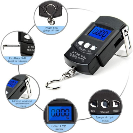 Cantar Digital de Mana cu Carlig, Cyrax, Cantar Portabil, Pescuit, cu Maner, Capacitate 50 kg, cu Metru Incorporat, 20.5 x 6 x 2.5 cm, Negru