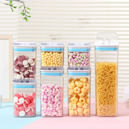 Cutii de Depozitare Alimente, Cyrax, Set din 7 Cutii de tip Container, 2x0.5 l, 2x0.8 l, 2x1.2 l, 1x1.9 l, Recipiente pentru Cereale in Bucatarie,  Transparente cu Capac Albastru-Alb