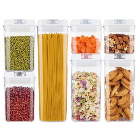 Set 7 Recipiente din Plastic, Cyrax, pentru Alimente/Obiecte, Inchidere Ermetica, 2 x 0.5l, 2 x 0.8l, 2 x 1.2l, 1 x 1.9 l, Capac Alb, Transparent