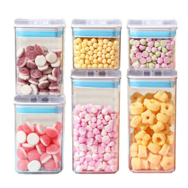 Cutii de Depozitare Alimente, Cyrax, Set din 6 Cutii de tip Container, 2x0.5 l, 2x0.8 l, 2x1.2 l, Recipiente pentru Cereale in Bucatarie,  Transparente cu Capac Albastru-Alb