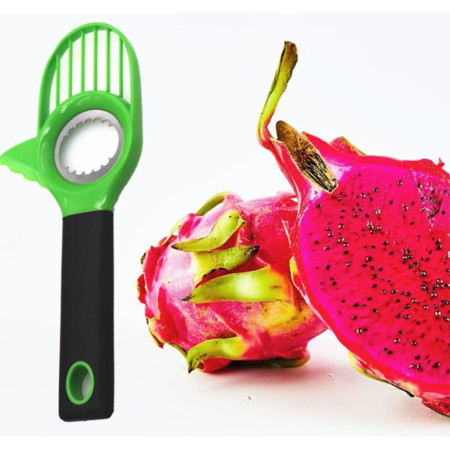 Cutit 3in1 pentru Avocado, Cyrax, Cutit, Scoatere Miez si Feliator Pulpa, din PP si Otel Inoxidabil, Negru/Verde