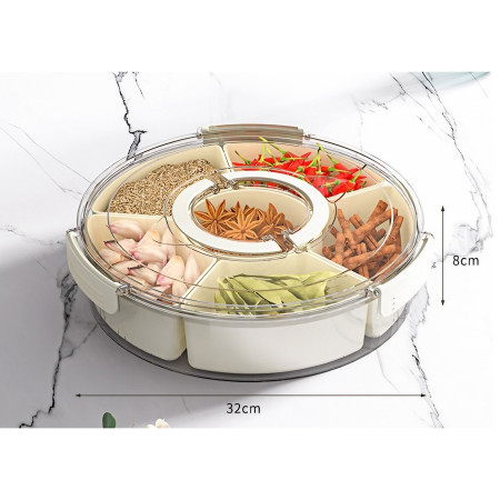Cutie de Depozitare pentru Alimente, Cyrax, cu 6 Compartimente, pentru Condimente, Fructe, Legume, cu Manere de Prindere, Rotativa 360 de Grade, Inchidere Ermetica, 32x8 cm, Alba