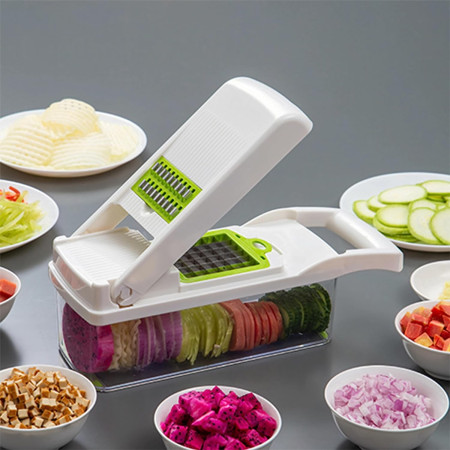 Feliator Multifunctional, Cyrax, Razatoare, 8 in 1, pentru Fructe si Legume, 10 Piese, Lame de Inox, Recipient Stocare, Separator Oua, Protectie Mana, ABS, 67.5x38.5x49.5 cm, Verde/Alb