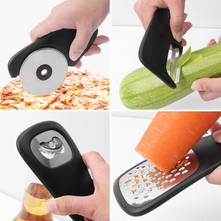 Set 6 in 1 mini ustensile bucatarie Cyrax, taietor pizza, cutit, curatator, razatoare, desfacator, presa usturoi, manere din ABS, lame ascutite din otel inoxidabil, 7.1 x 12.9 x 4.8 cm,  negru