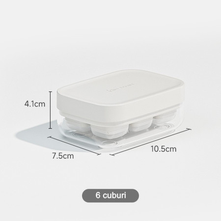 Forma pentru gheata cu presa Cyrax, din silicon alimentar, 6 cuburi, caserola pentru depozitare, usor de folosit si curatat, 10.5 x 7.5 x 4.1 cm, alb