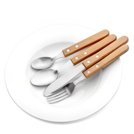 Set 4 tacamuri pentru masa Cyrax, otel 304, lingura, lingurita desert, cutit, furculita, maner din lemn de fag, 20 x 4 x 2 cm, gri