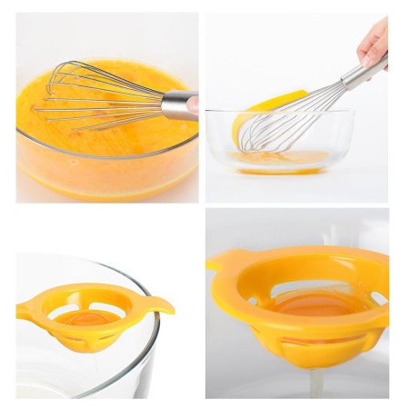 Set 3 ustensile pentru bucatarie Cyrax, 2 teluri, un separator oua, inox/silicon, Galben