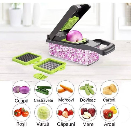 Feliator Multifunctional, Cyrax, Razatoare, 8 in 1, pentru Fructe si Legume, 10 Piese, Lame de Inox, Recipient Stocare, Separator Oua, Protectie Mana, ABS, 32.2x11.3 cm, Verde/Gri