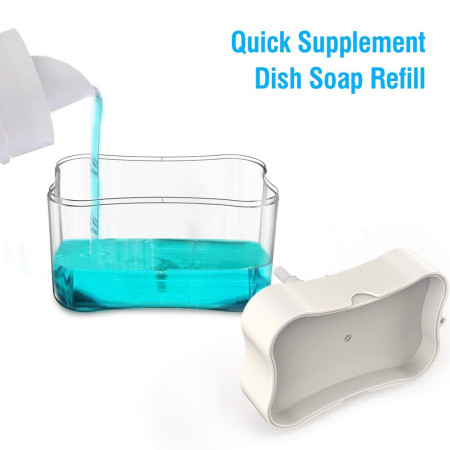 Dozator Cyrax, Dispenser 2 in 1 pentru Detergent Lichid de Vase sau pentru Obiecte Sanitare cu Suport pentru Burete de Bucatarie ,14 x 10.5 x 10 cm, capacitate 380 ml, alb
