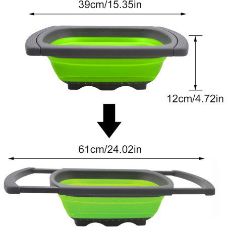 Cos de Scurgere Retractabil pentru Chiuveta, Cyrax, cu Filtru, pentru Fructe si Legume, de Uz Casnic, 39x12 cm, Design Extensibil pana la 61 cm, cu Manere de Prindere, Verde