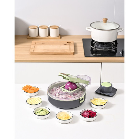 Feliator Multifunctional, Cyrax, Razatoare, 8 in 1, pentru Fructe si Legume, 12 Piese, Lame de Inox, Recipient Stocare, Separator Oua, Protectie Mana, ABS, Gri/Verde, 29.5x9x21.8 cm