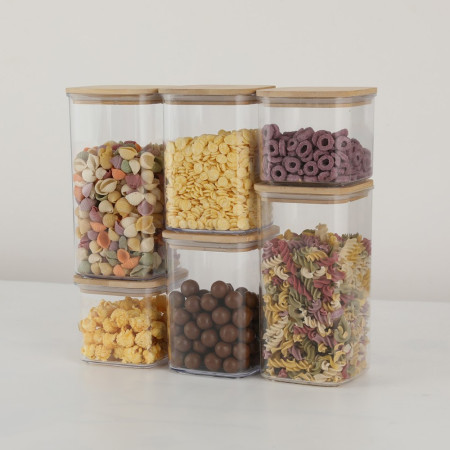 Cutii de Depozitare Alimente, Cyrax, Set din 6 Cutii de tip Container, Cutii pentru Cereale, din Plastic, Capac din Bambuc, 2pc 0.5 l. 2pc 0.8 l, 2pc 1.2 l, Transparente