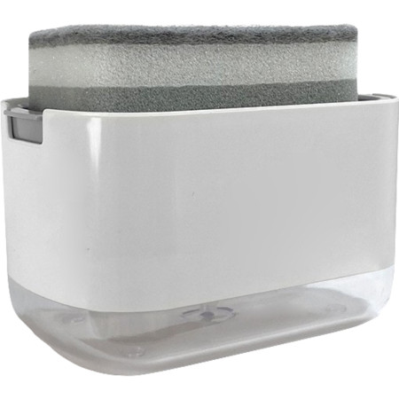 Dozator Cyrax, Dispenser 2 in 1 pentru Detergent Lichid de Vase sau pentru Obiecte Sanitare cu Suport pentru Burete de Bucatarie , 8.6 x 14.5 x 10 cm, capacitate 300 ml, alb