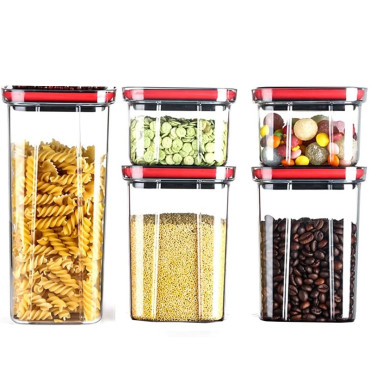 Cutii de Depozitare Alimente, Cyrax, Set din 5 Cuti de tip Container, Recipiente pentru Cereale in Bucatarie,  Transparente cu Capac Negru
