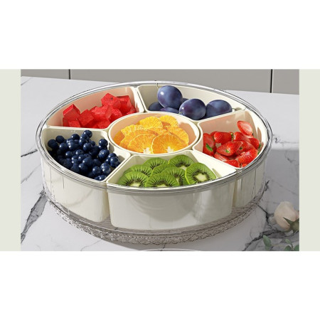 Cutie de Depozitare pentru Alimente, Cyrax, cu 6 Compartimente, pentru Condimente, Fructe, Legume, cu Manere de Prindere, Rotativa 360 de Grade, Inchidere Ermetica, 32x10 cm, Alba
