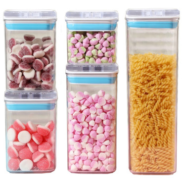 Cutii de Depozitare Alimente, Cyrax, Set din 5 Cutii de tip Container, 1x0.5 l, 2x0.8 l, 1x1.2 l, 1x1.9 l, Recipiente pentru Cereale in Bucatarie,  Transparente cu Capac Albastru-Alb