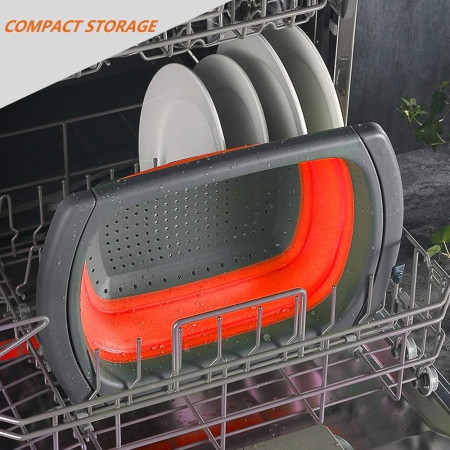 Cos de Scurgere Retractabil pentru Chiuveta, Cyrax, cu Filtru, pentru Fructe si Legume, de Uz Casnic, 39x12 cm, Design Extensibil pana la 61 cm, cu Manere de Prindere, Rosu