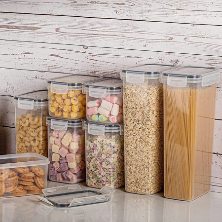 Cutii de depozitare alimente, Cyrax, Set din 8 Cutii pentru Condimente, Cereale, Cutii pentru Bucatarie, din Plastic PP, Cutii Alimentare, Diferite Dimensiuni, Transparente