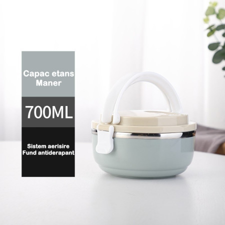 Caserola pentru alimente Cyrax, lunch box, 700 ml, otel inoxidabil, maner, valva aerisire, inchidere etansa, 15 x 8.5 cm, albastru