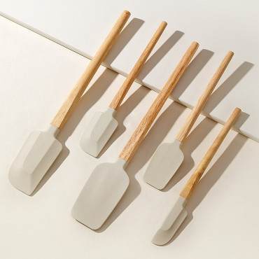 Set 5 Ustensile de Bucatarie, Cyrax, din Silicon si Lemn, Spatule de Diferite Dimensiuni, Termorezistente, Antiaderente, Bej-Maro