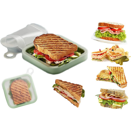 Caserola pentru sandwich Cyrax, din silicon si polipropilena, portabil, usor de curatat, capac anti-scurgere, reutilizabil, 15.5 x 15.5 x 2.5 cm, verde