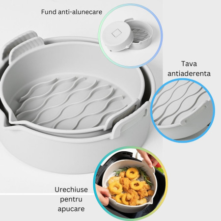 Set 2 tavi din silicon ecologic pentru air fryer Cyrax, temperatura maxima 230 grade, reutilizabile, reciclabile, cu manere anti-alunecare, fund antiaderent, 18.7 x 19.5 x 7 cm, gri